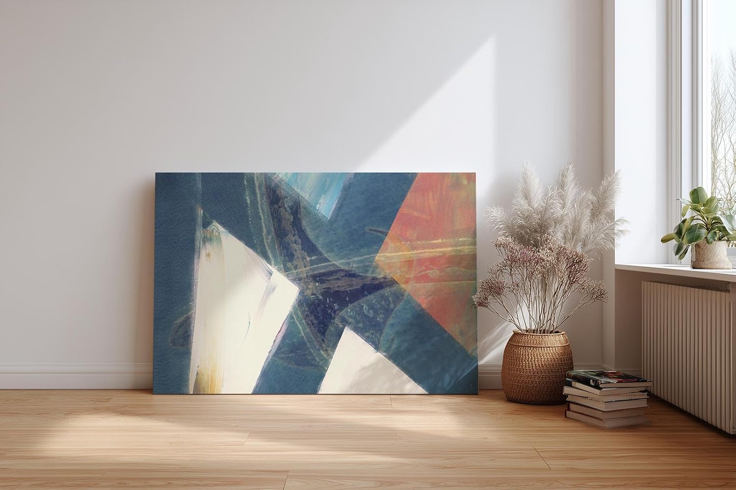 Sinus Art Wandbild 120x80cm Überschneidende Dreiecke in Blau, Weiß und Orange mit pastosen Farbspuren