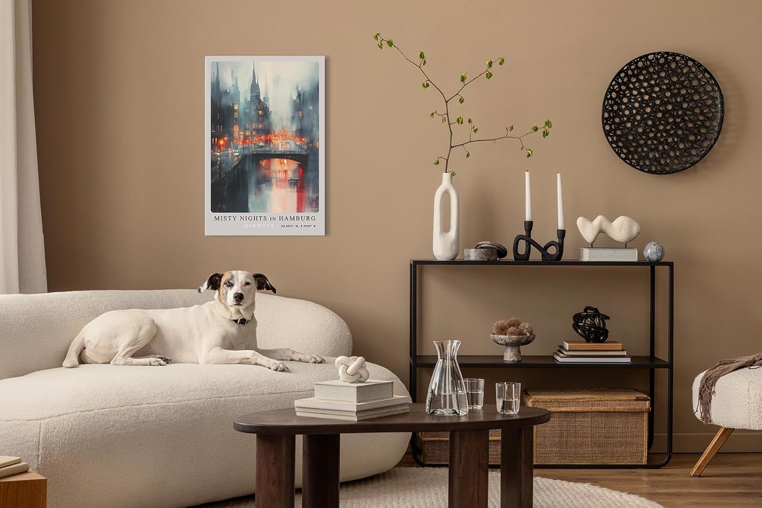 Paul Sinus Leinwandbild 60x90cm Misty Nights in Hamburg – Stimmungsvolle Stadtansicht mit nebelverhangenen Gebäuden, leuchtenden Straßenlichtern