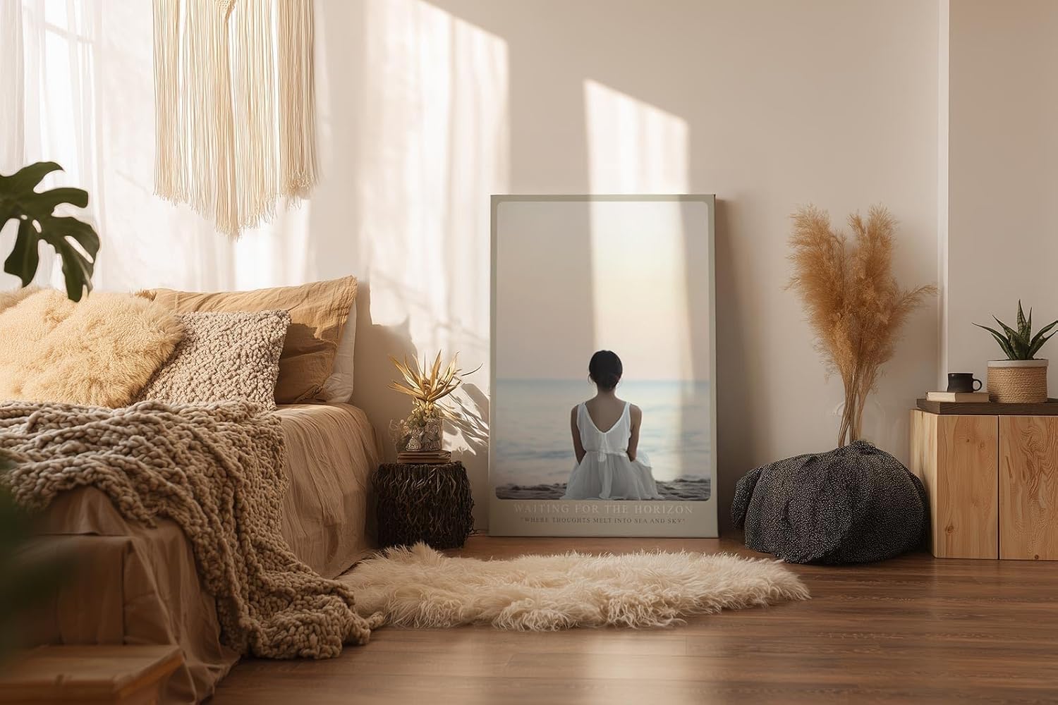 Paul Sinus Wandbild in 40x60cm Waiting for the Horizon – Frau in weißem Kleid am Strand mit Blick auf das Meer bei sanftem Sonnenuntergang