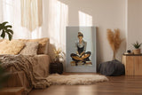Paul Sinus Wandbild in 40x60cm In Her Own Chapter – Ausdrucksstarkes Porträt einer jungen Frau, auf Bücherstapeln sitzend und lesend, moderne Bilder mit klaren Linien und warmen Akzenten