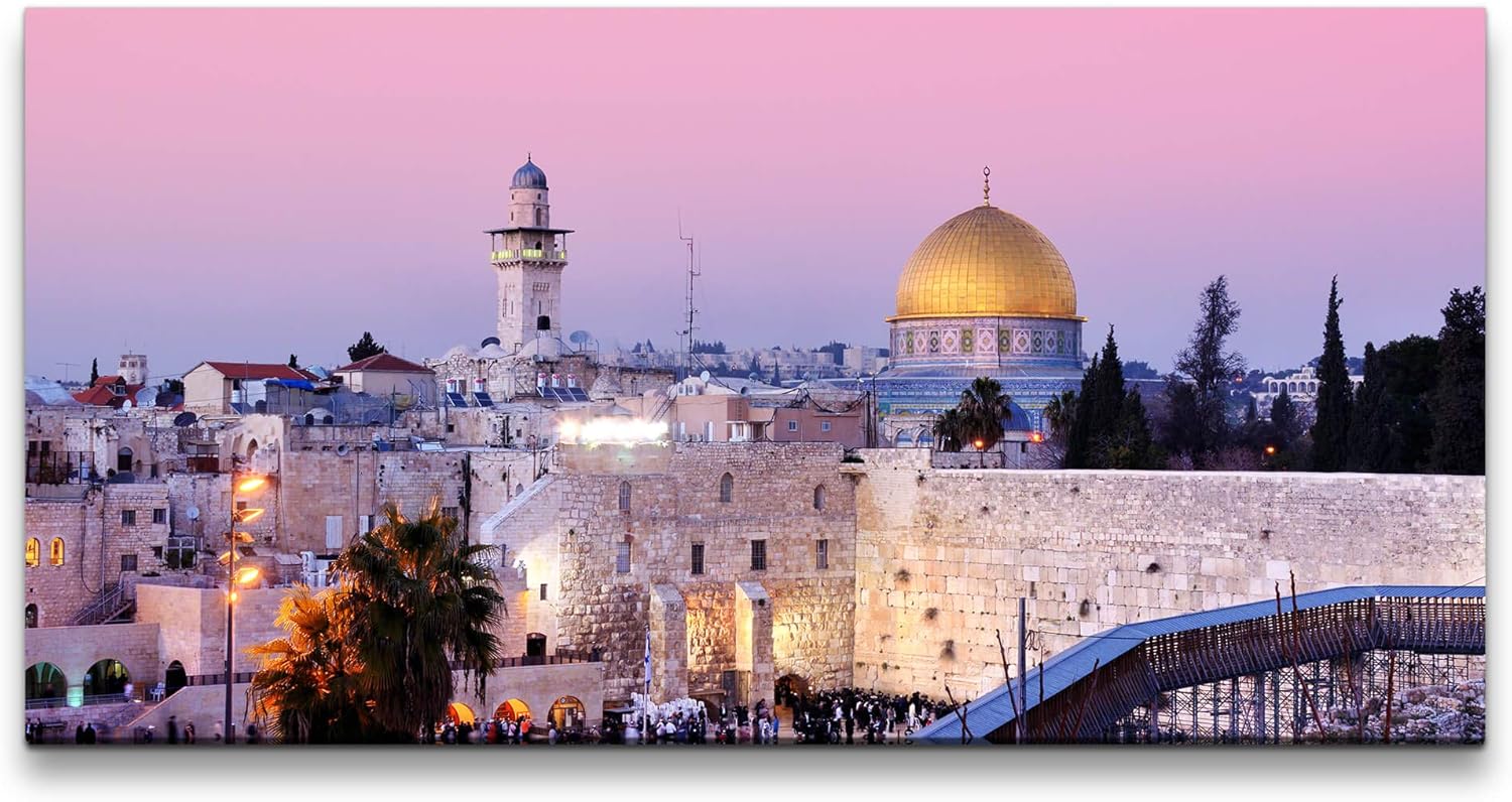 Jerusalem ca. 130x70cm Wandbild inklusive Schattenfugenrahmen weiss - Panorama Leinwand Bild XXL Format Wandbilder Wohnzimmer Wohnung Deko Kunstdrucke