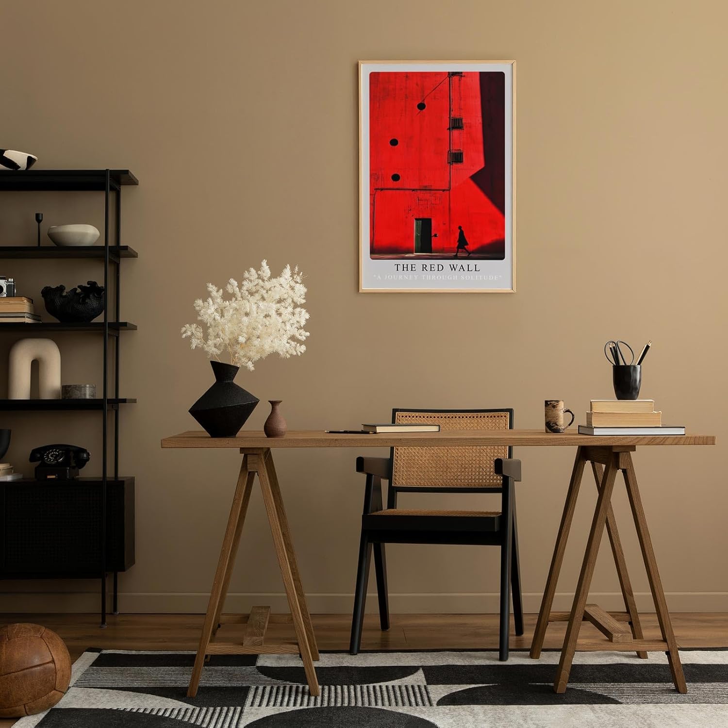 Paul Sinus Leinwandbild 60x90cm The Red Wall Leinwandbild minimalistische Architektur mit intensiver Farbfläche geheimnisvolle Silhouette
