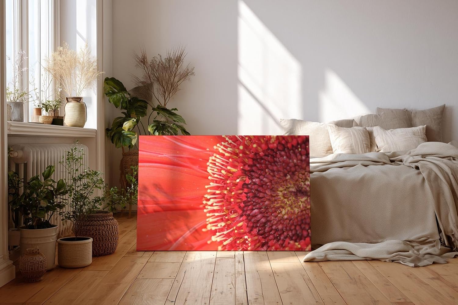 Sinus Art Wandbild 120x80cm Atemberaubende Nahaufnahme einer roten Blüte mit faszinierender Textur und Tiefe