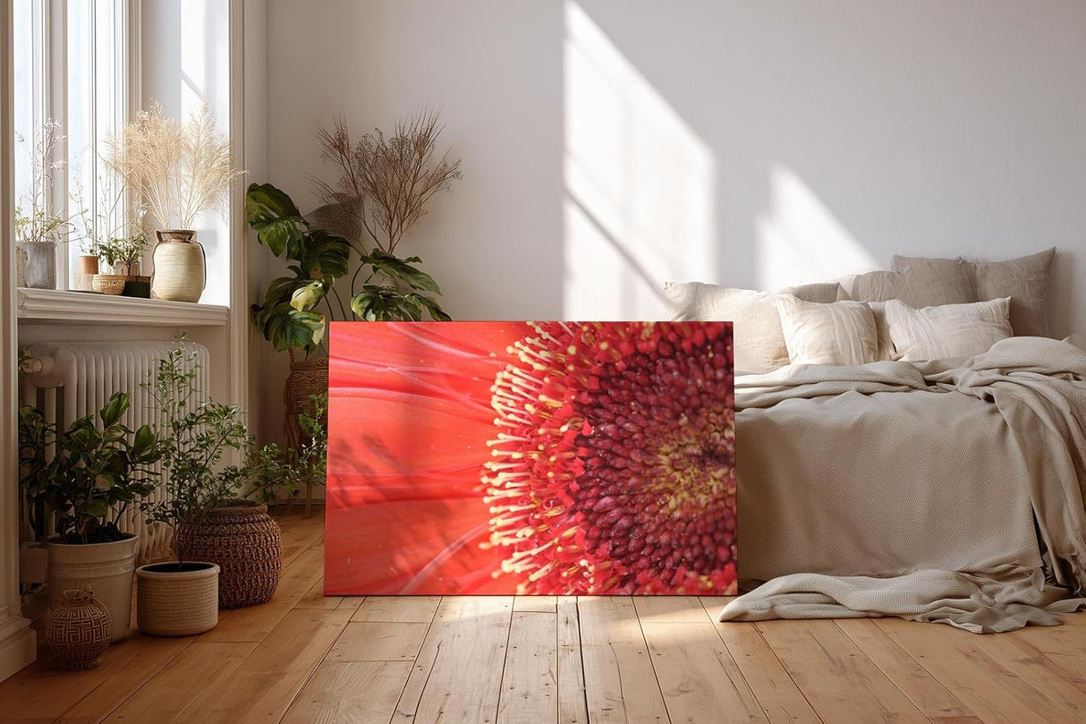 Sinus Art Wandbild 120x80cm Atemberaubende Nahaufnahme einer roten Blüte mit faszinierender Textur und Tiefe