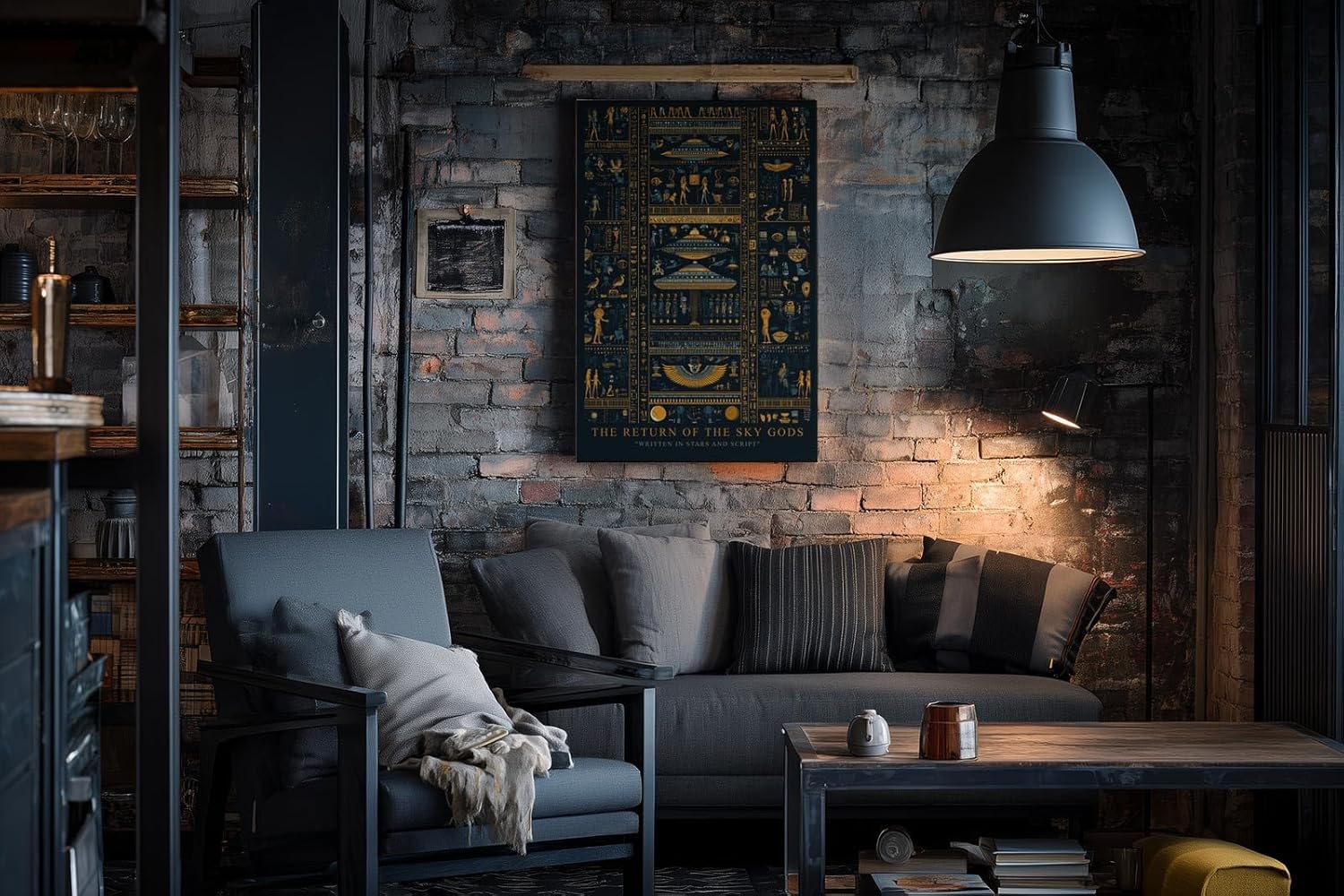 Paul Sinus Wandbild in 40x60cm The Return of the Sky Gods – Goldene und blaue Hieroglyphen mit futuristischen Raumschiffen
