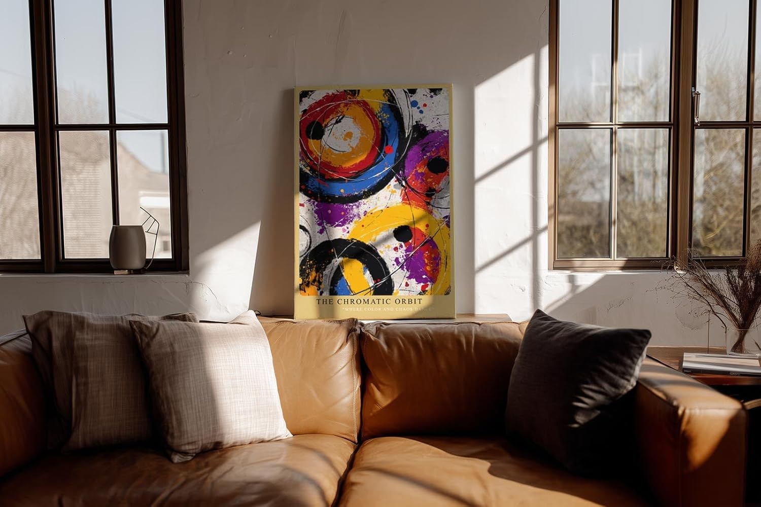 Paul Sinus Wandbild in 40x60cm The Chromatic Orbit – Abstrakte Kreisformationen in kräftigem Orange, Blau, Violett, Rot und Schwarz mit dynamischen Farbspritzern