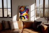 Paul Sinus Wandbild in 40x60cm The Chromatic Orbit – Abstrakte Kreisformationen in kräftigem Orange, Blau, Violett, Rot und Schwarz mit dynamischen Farbspritzern