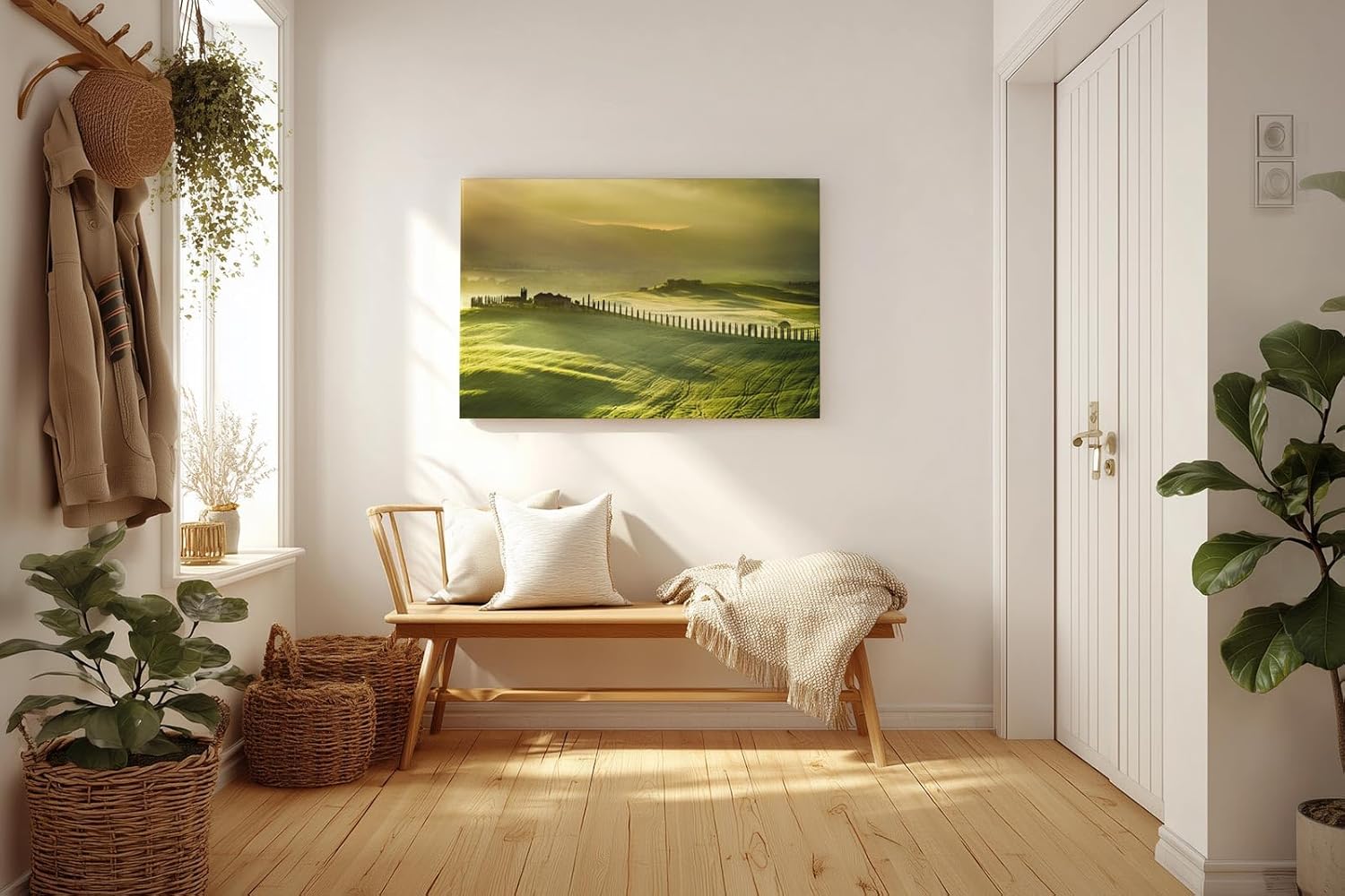 Sinus Art Wandbild 120x80cm Tief liegendes Licht über grünen Hügeln mit typischer Zypressenallee und Bauernhof