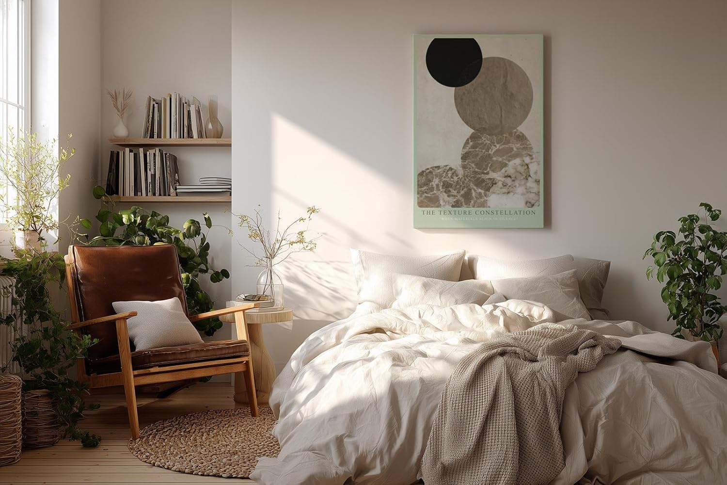 Paul Sinus Wandbild in 40x60cm The Texture Constellation – Minimalistische Kreiskomposition in Schwarz, Beige und Marmorstruktur