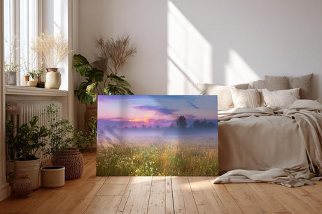 Sinus Art Wandbild 120x80cm Morgennebel über farbiger Wildblumenwiese – ideal für naturverbundene Raumgestaltung
