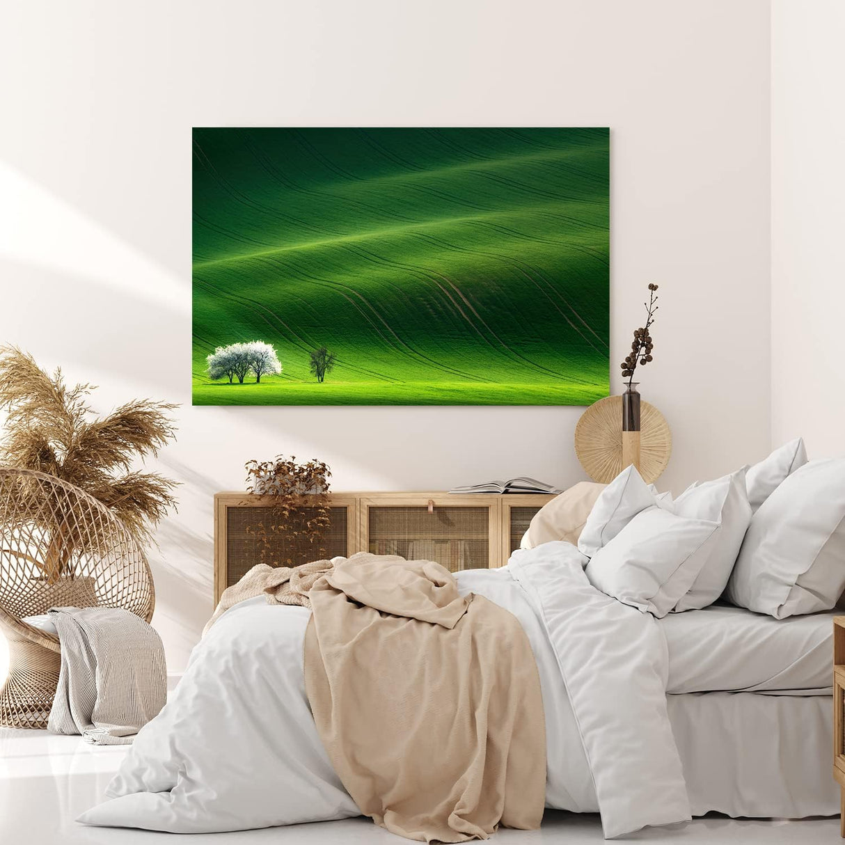 Wandbild 120x80cm Grüne Landschaft Baum Wiese Gras Hügel Baumblüte