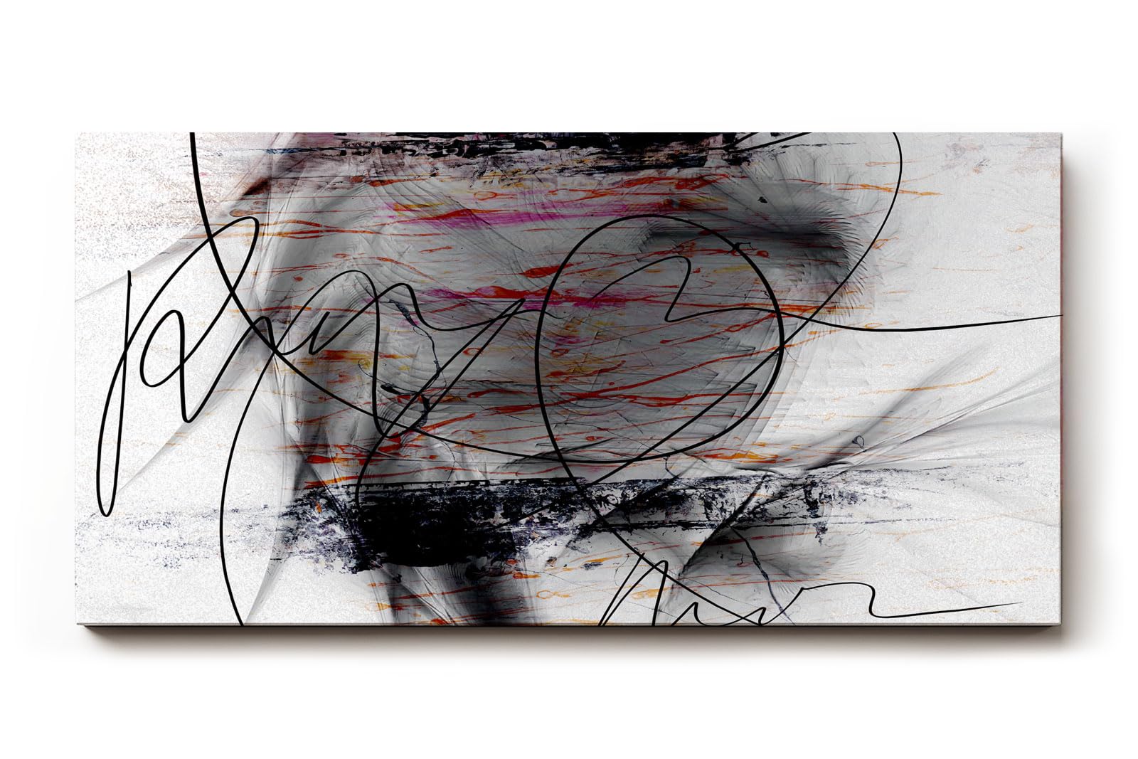 Sinus Art Wandbild 120x80cm Geschwungene schwarze Linien auf weißem Grund mit Farbverläufen und Textur