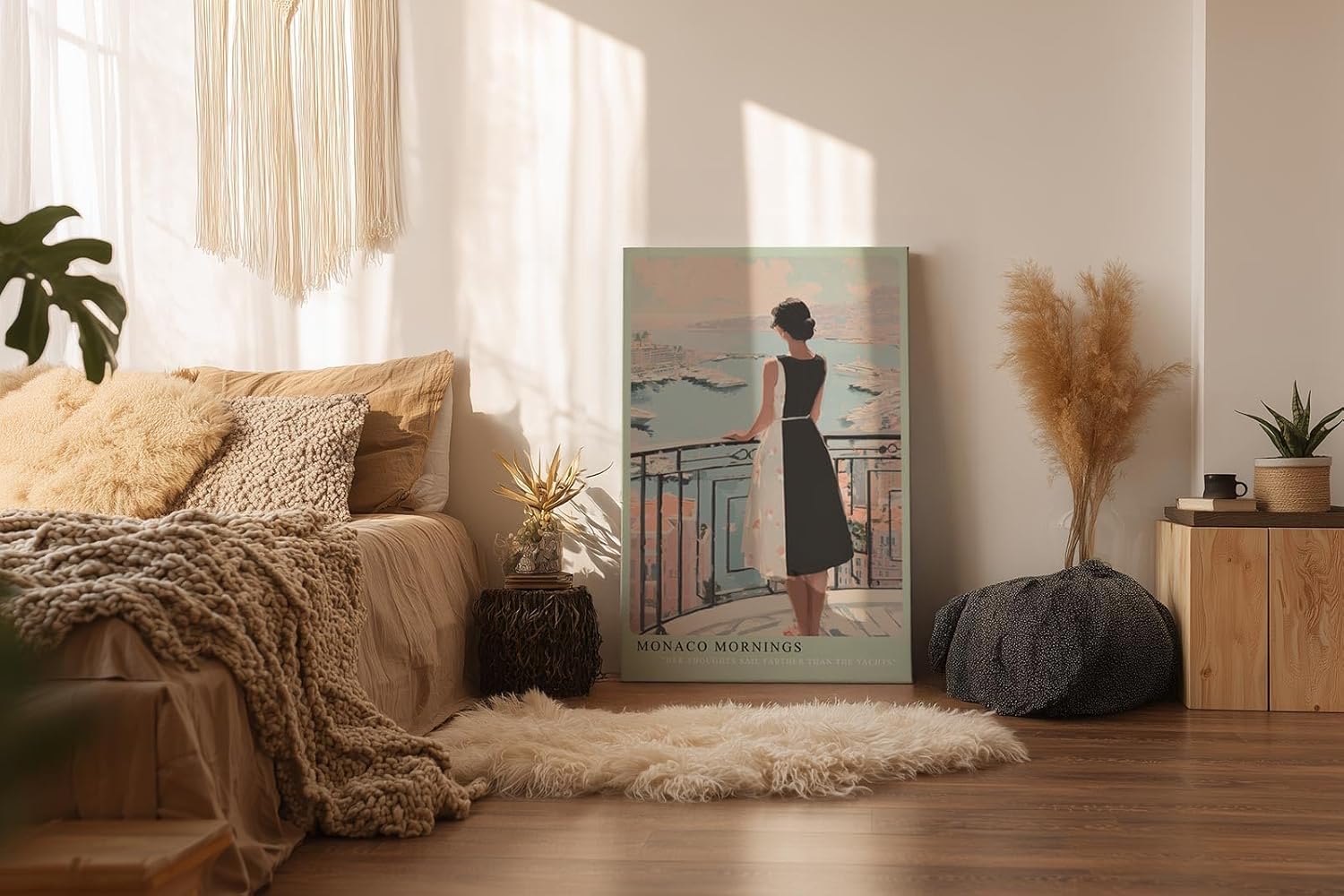 Paul Sinus Wandbild in 40x60cm Monaco Mornings – Elegantes Porträt einer Frau auf einem Balkon mit Blick auf den Hafen von Monaco, moderne Bilder in warmen Pastelltönen