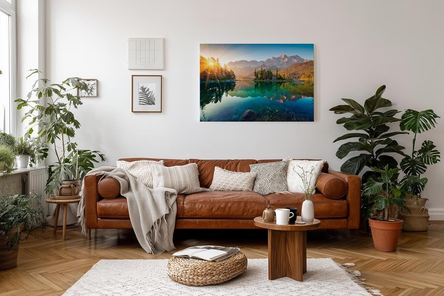Sinus Art Wandbild 120x80cm Stimmungsvolles Bergmotiv mit Spiegelung im See und Sonnenaufgang für naturnahe Atmosphäre
