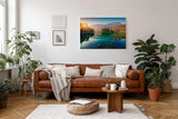 Sinus Art Wandbild 120x80cm Stimmungsvolles Bergmotiv mit Spiegelung im See und Sonnenaufgang für naturnahe Atmosphäre