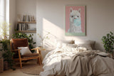 Paul Sinus Wandbild in 40x60cm The Fluffy Chewer – Verspielte Darstellung eines weißen Alpakas mit Kaugummiblase vor pastellrosa Hintergrund