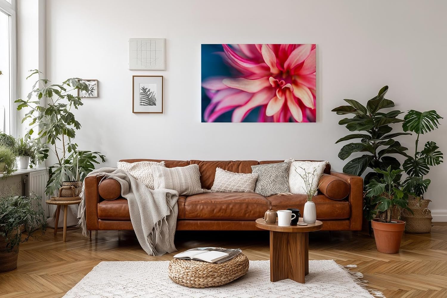 Sinus Art Wandbild 120x80cm Makroaufnahme einer farbenprächtigen Dahlie mit weichen Formen und kraftvoller Blütenmitte