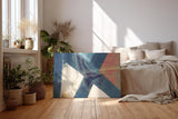 Sinus Art Wandbild 120x80cm Überschneidende Dreiecke in Blau, Weiß und Orange mit pastosen Farbspuren
