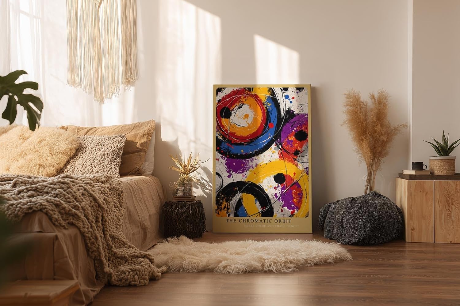Paul Sinus Wandbild in 40x60cm The Chromatic Orbit – Abstrakte Kreisformationen in kräftigem Orange, Blau, Violett, Rot und Schwarz mit dynamischen Farbspritzern