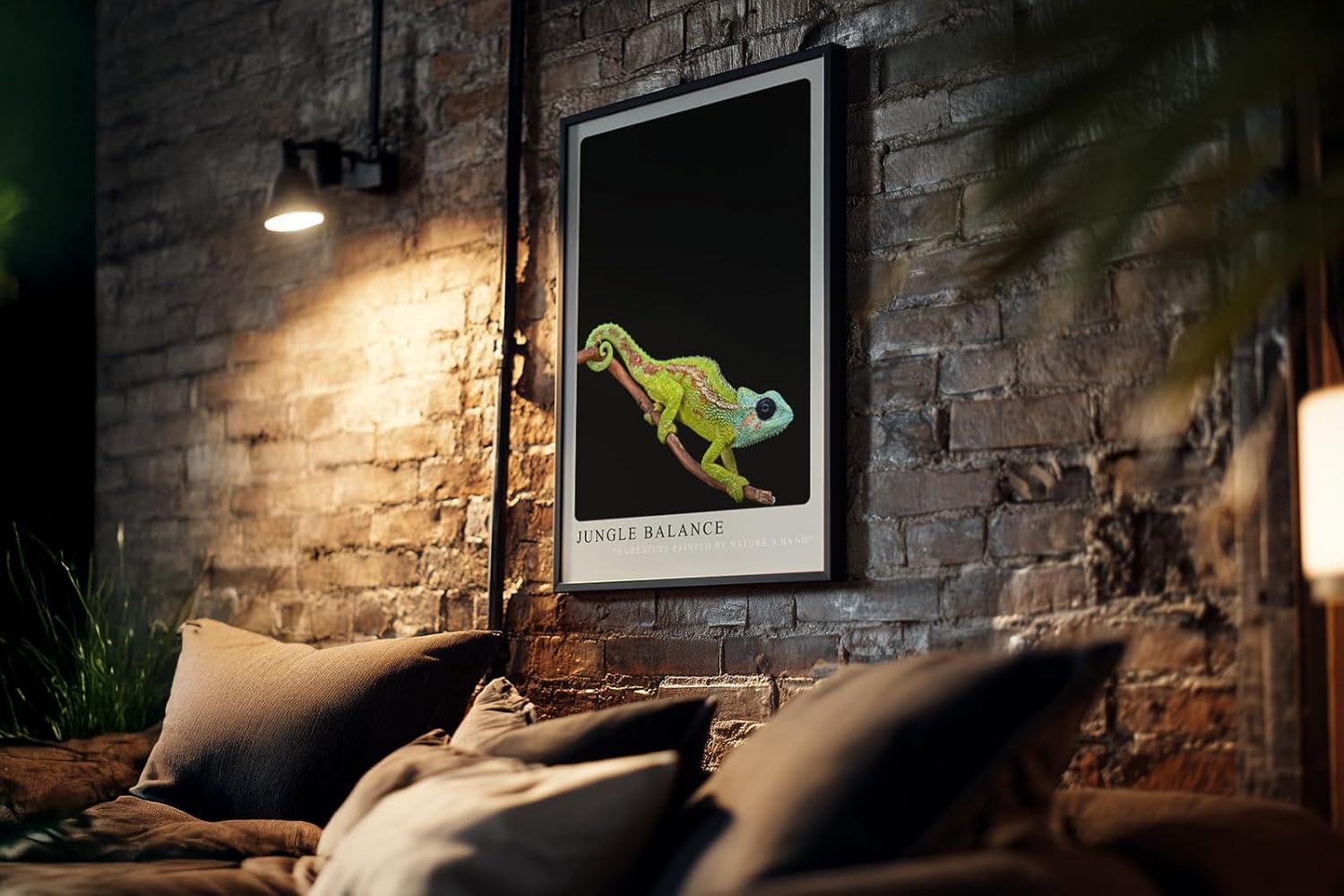 Paul Sinus Kunstdruck 40x60cm Jungle Balance mit Chamäleon auf Ast vor schwarzem Hintergrund
