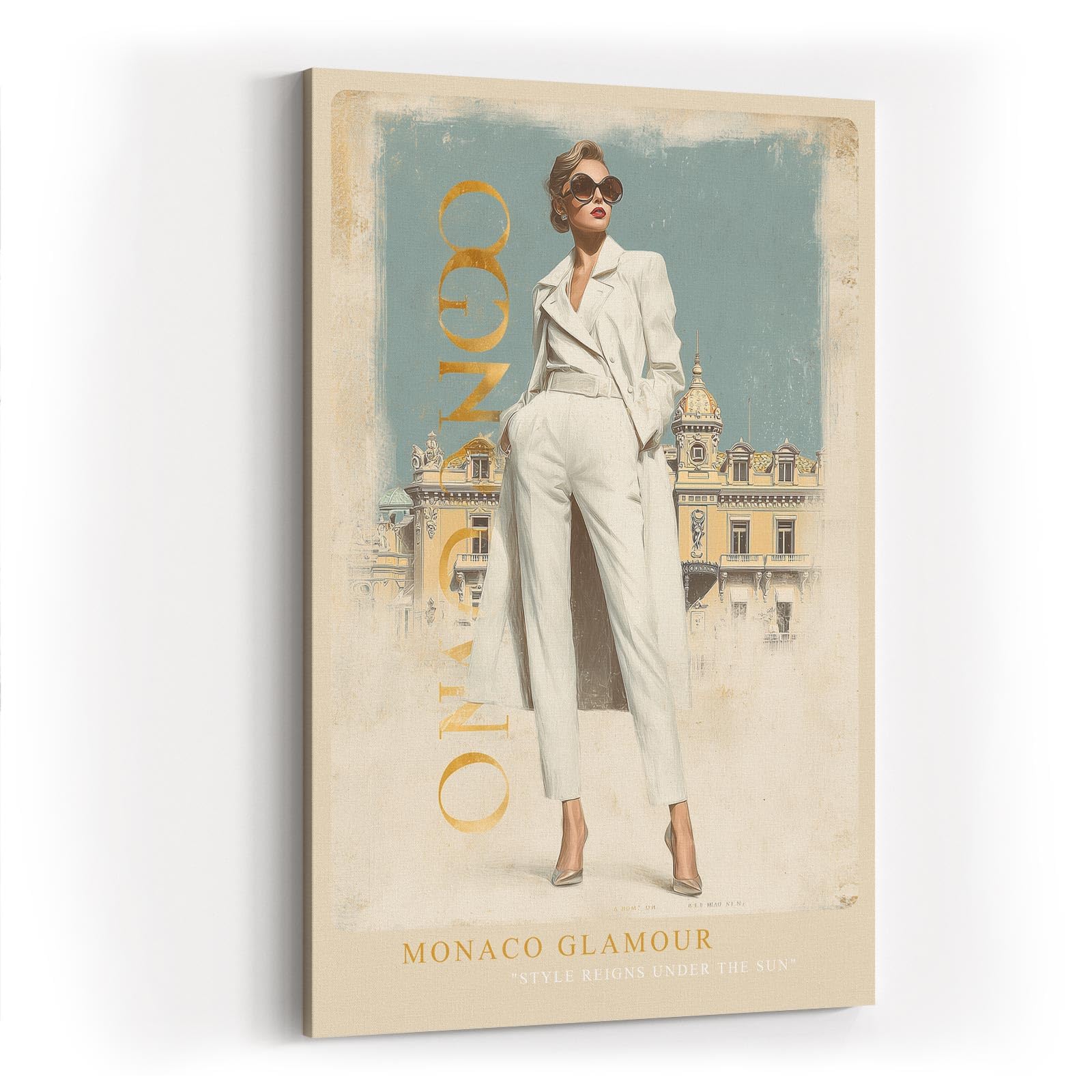 Paul Sinus Wandbild in 40x60cm Monaco Glamour Frau im weißen Anzug vor Casino de Monte-Carlo luxuriöse Kunst auf Leinwand
