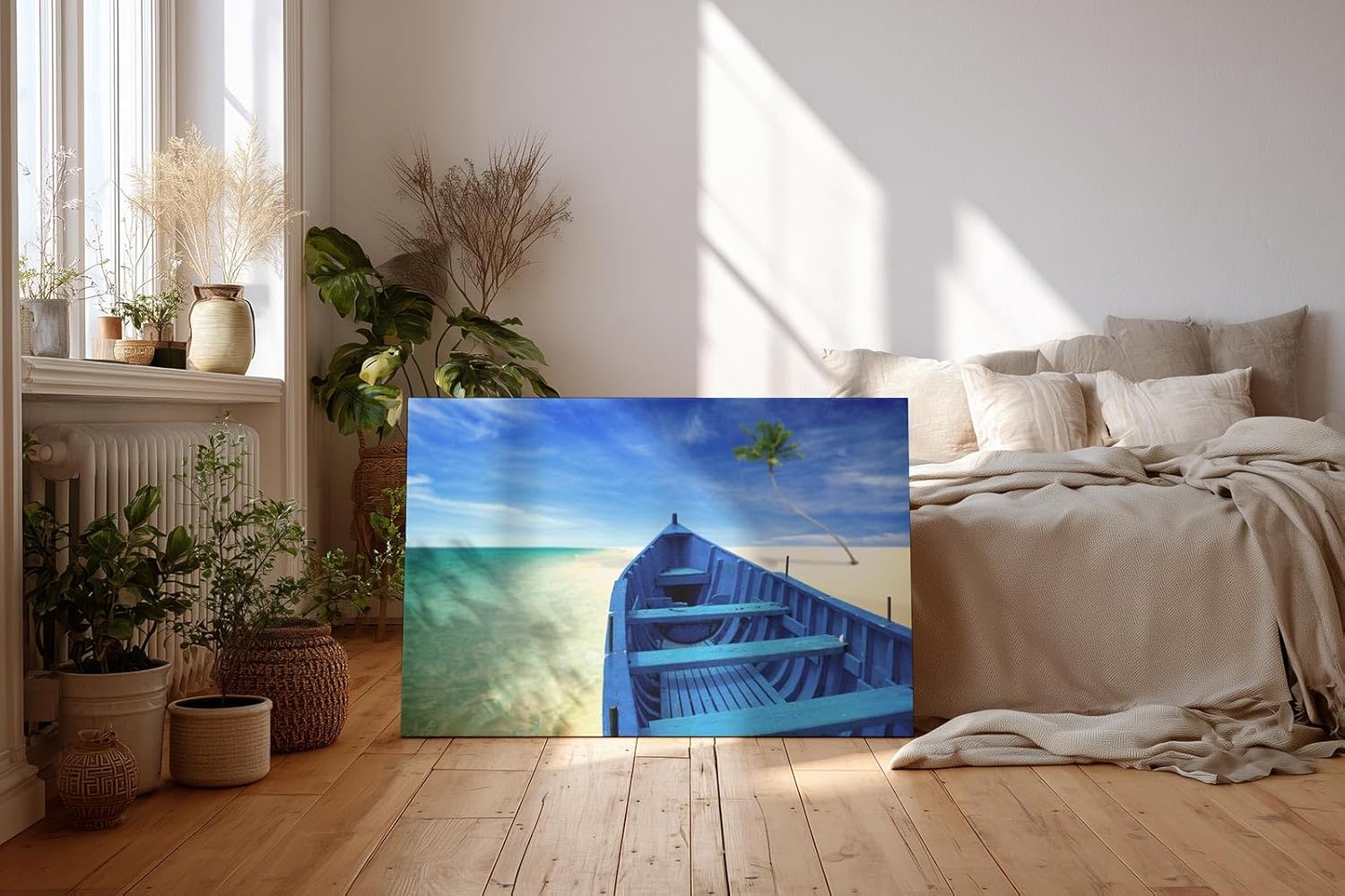 Sinus Art Wandbild 120x80cm Das Boot in der Bildmitte lenkt den Blick hinaus aufs offene Meer und vermittelt Fernweh