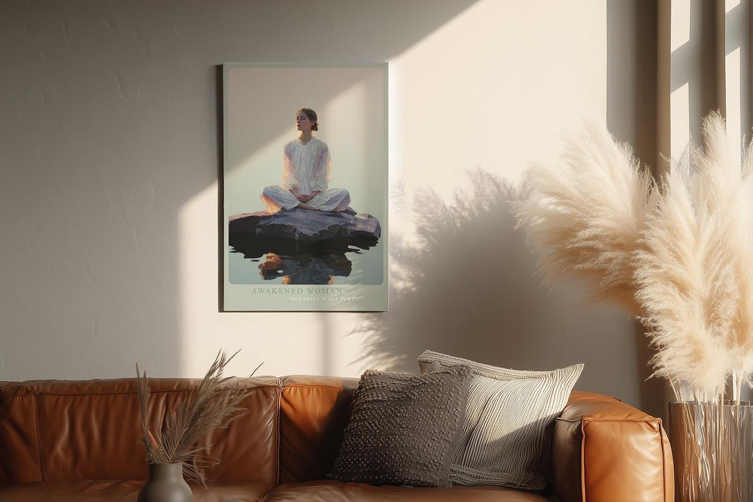 Paul Sinus Wandbild in 60x90cm Awakened Woman – Meditatives Porträt einer Frau im weißen Kleid, sitzend auf einem Felsen im Wasser bei Sonnenaufgang, moderne Bilder in sanften Farbtönen