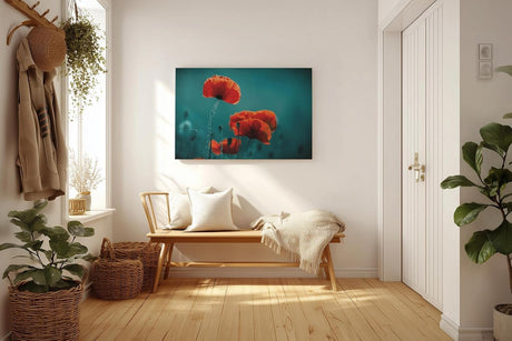 Sinus Art Wandbild 120x80cm Mohnblumen in intensivem Rot auf türkisblauem Hintergrund – modern, kraftvoll, reduziert
