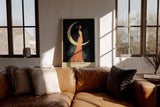 Paul Sinus Wandbild in 40x60cm The Moons Bride Elegante Frau in orangefarbenem Kleid vor goldener Mondsichel mit floralen Akzenten und romantischem Flair