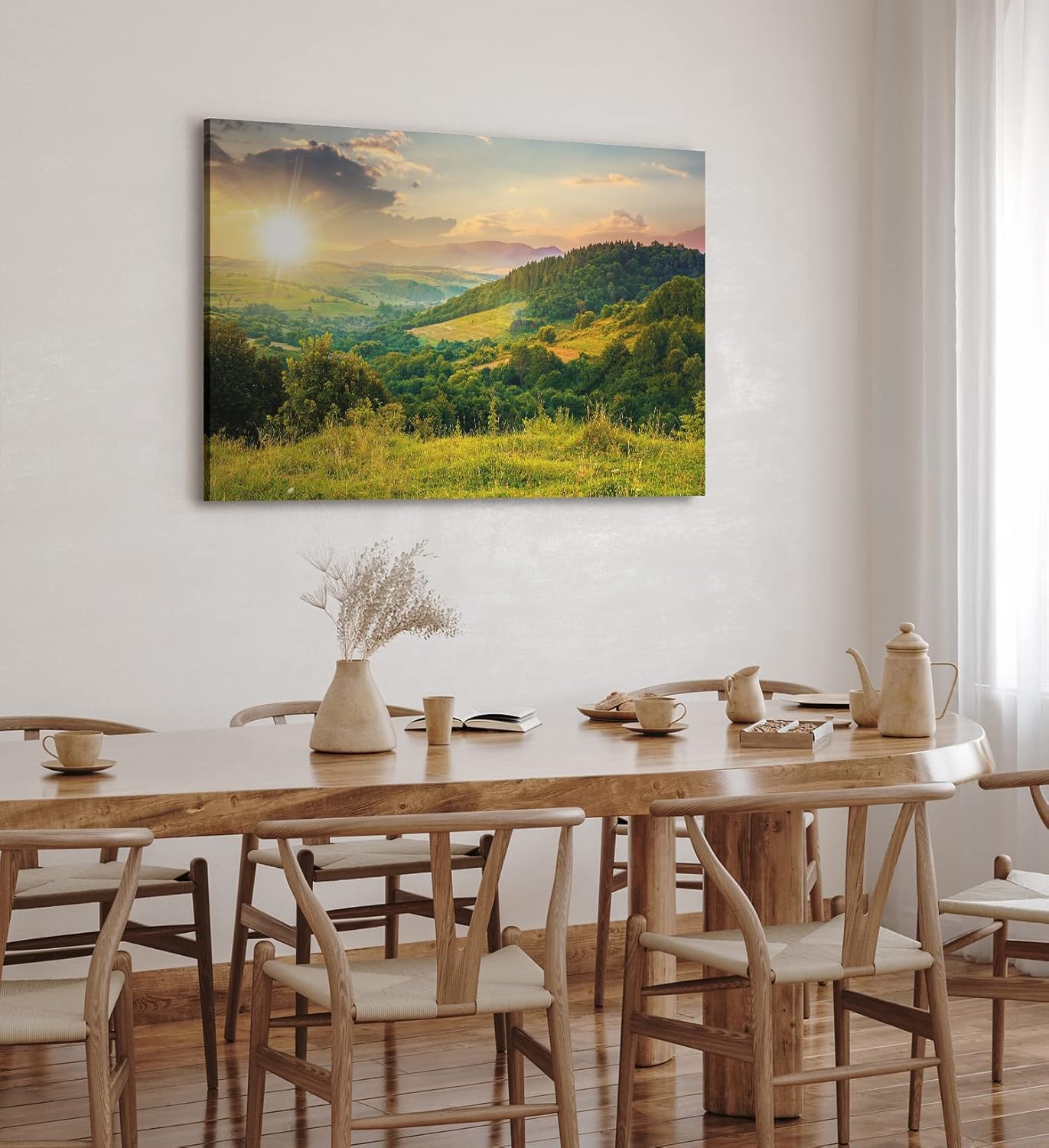 Paul Sinus Wandbild 120x80cm Hügellandschaft Sonnenuntergang Berge Grün Wiesen