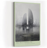 Paul Sinus Wandbild in 40x60cm The Split Monolith Zwei monumentale, geteilte Bauwerke in nebliger Stadtlandschaft mit Figuren im Vordergrund