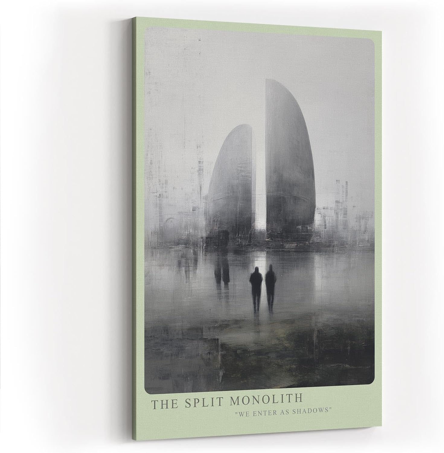 Paul Sinus Wandbild in 40x60cm The Split Monolith Zwei monumentale, geteilte Bauwerke in nebliger Stadtlandschaft mit Figuren im Vordergrund