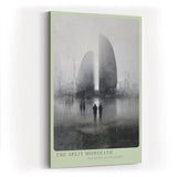 Paul Sinus Wandbild in 40x60cm The Split Monolith Zwei monumentale, geteilte Bauwerke in nebliger Stadtlandschaft mit Figuren im Vordergrund