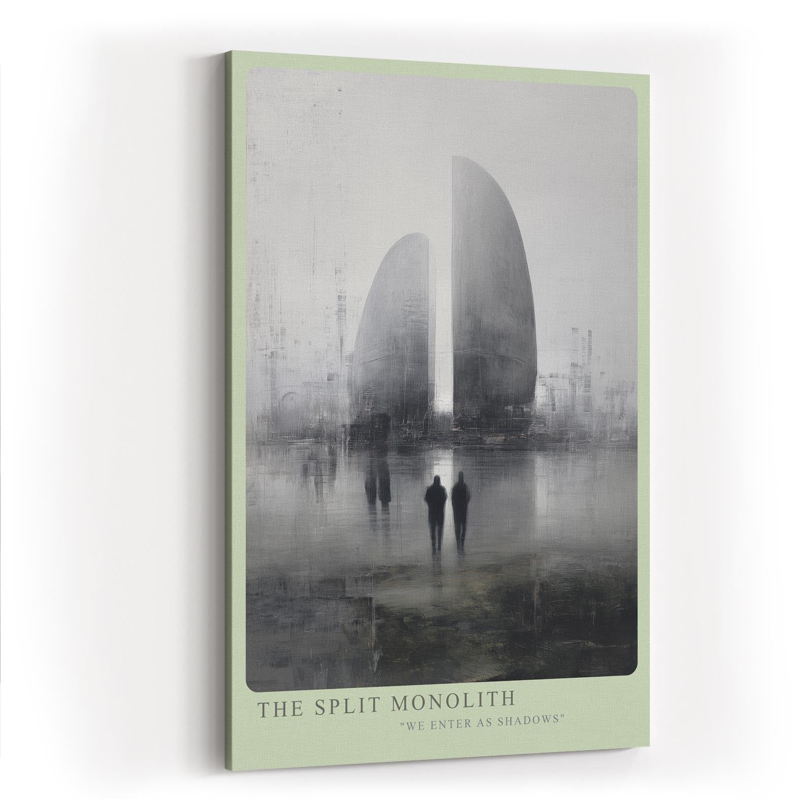 Paul Sinus Wandbild in 40x60cm The Split Monolith Zwei monumentale, geteilte Bauwerke in nebliger Stadtlandschaft mit Figuren im Vordergrund