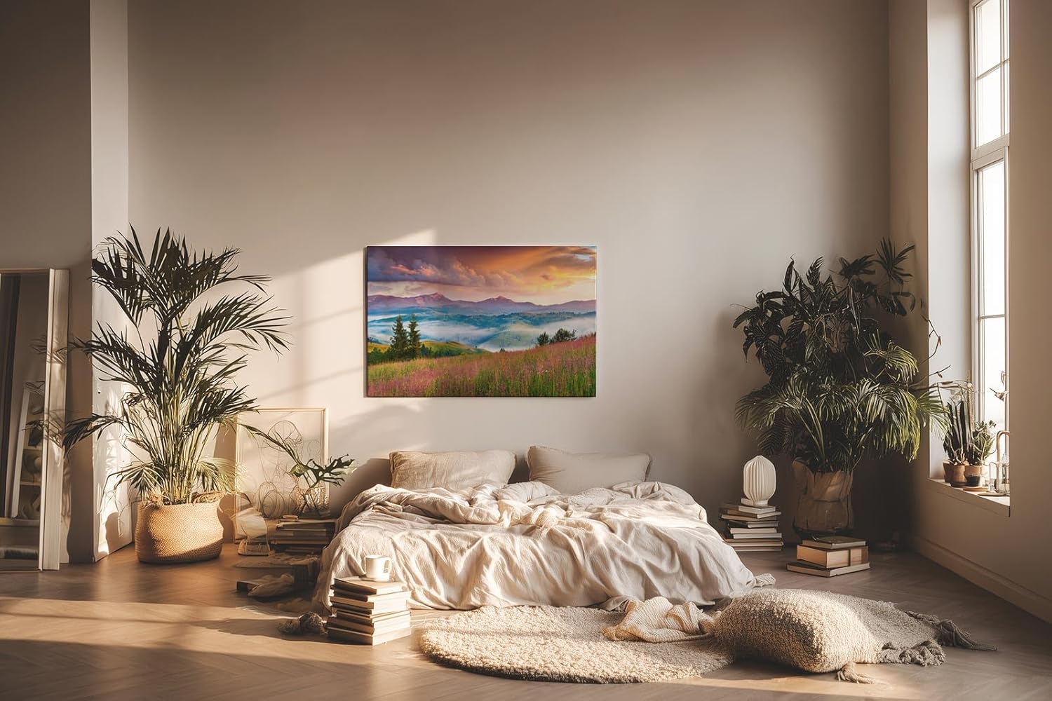 Sinus Art Wandbild 120x80cm Farbige Bergwiese mit Nebelschwaden und dramatischem Himmel für emotionale Raumwirkung