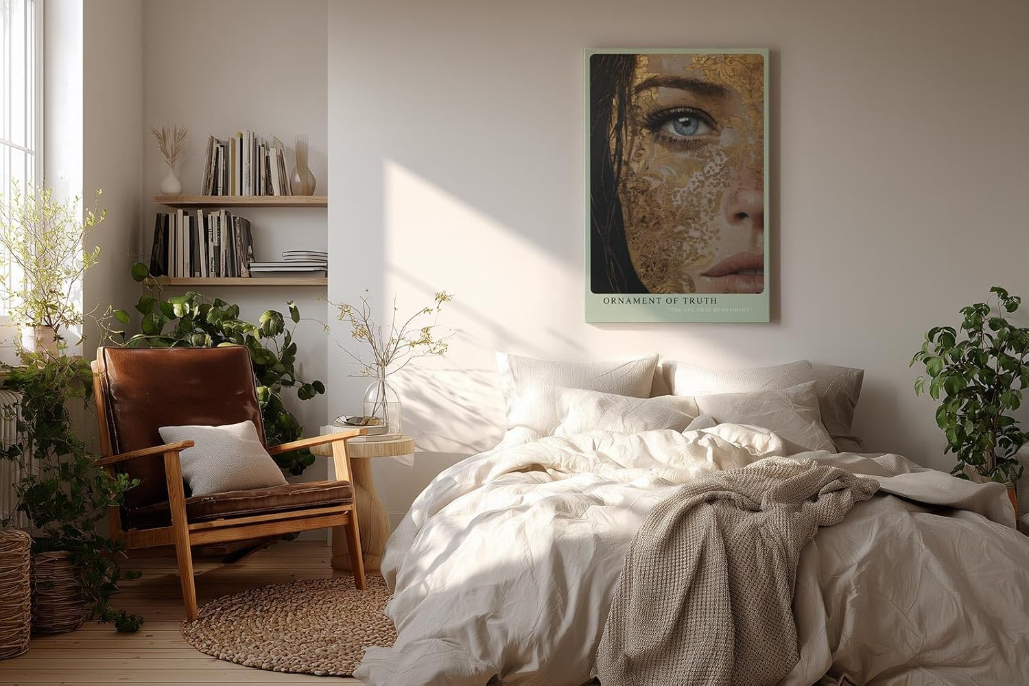 Paul Sinus Wandbild in 40x60cm Ornament of Truth – Ausdrucksstarkes Porträt mit goldener Ornamentstruktur und blauem Auge