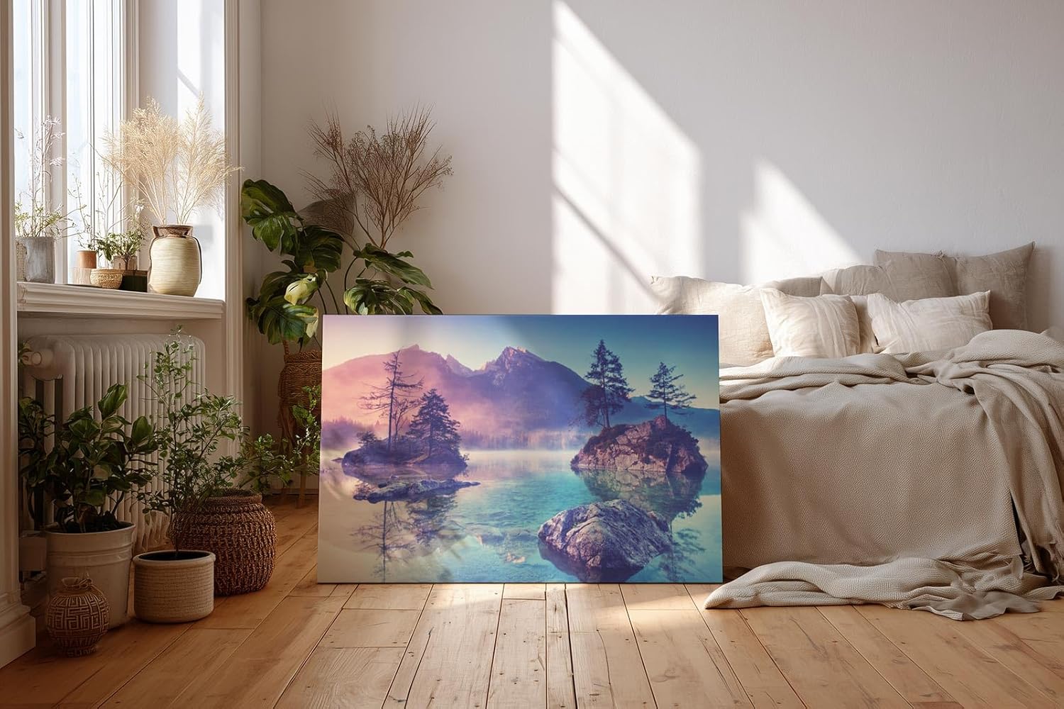 Sinus Art Wandbild 120x80cm Bergsee mit kleinen Inseln und sanfter Lichtstimmung – romantisch und naturverbunden