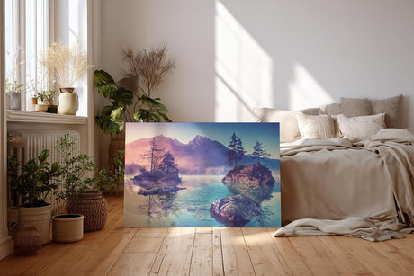 Sinus Art Wandbild 120x80cm Bergsee mit kleinen Inseln und sanfter Lichtstimmung – romantisch und naturverbunden