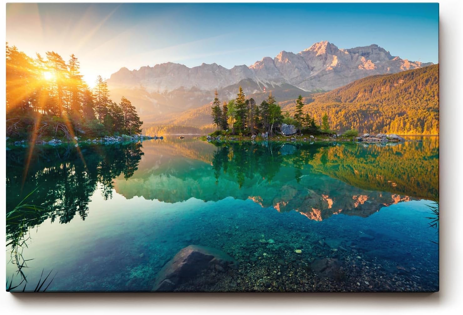Sinus Art Wandbild 120x80cm Stimmungsvolles Bergmotiv mit Spiegelung im See und Sonnenaufgang für naturnahe Atmosphäre