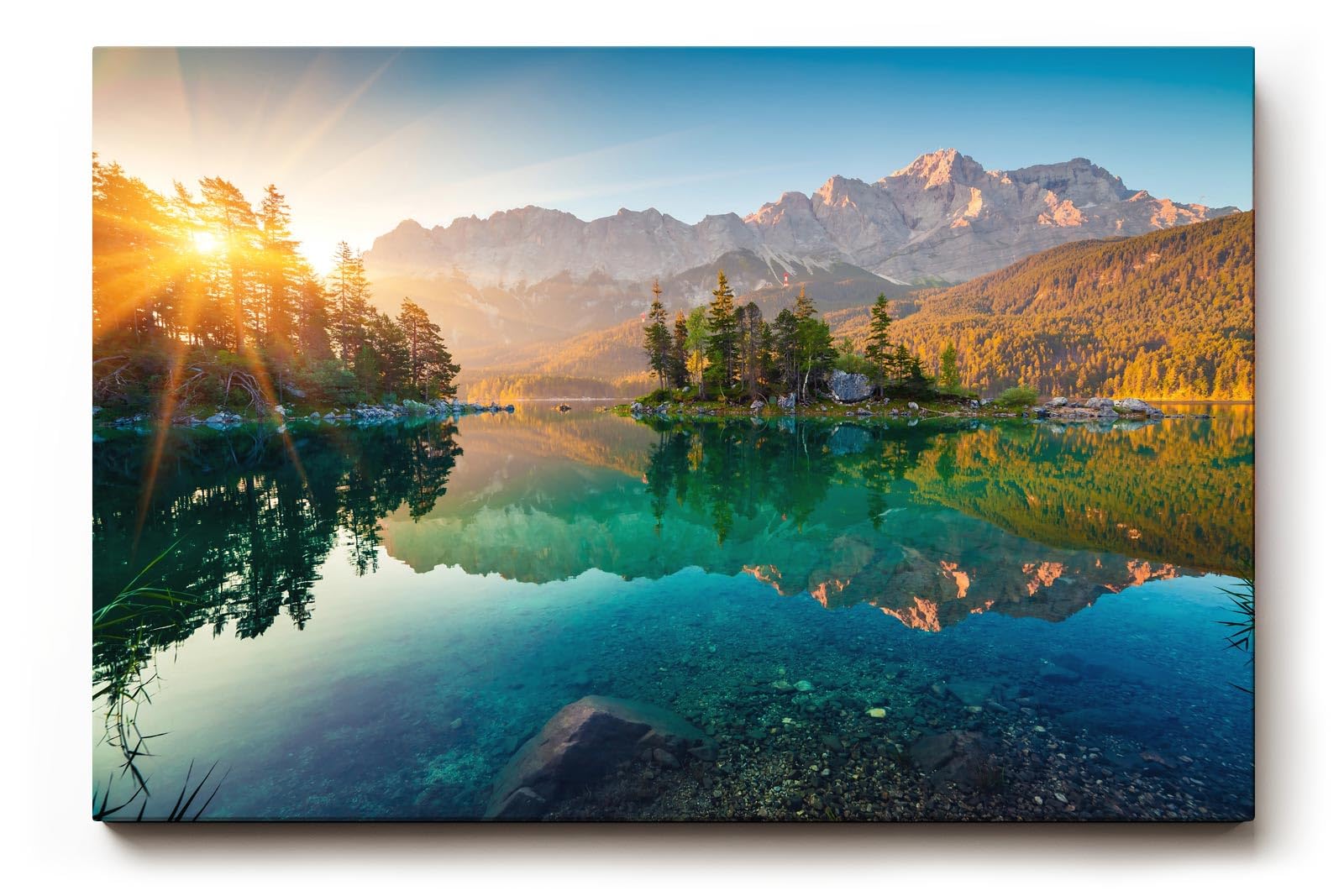 Sinus Art Wandbild 120x80cm Stimmungsvolles Bergmotiv mit Spiegelung im See und Sonnenaufgang für naturnahe Atmosphäre