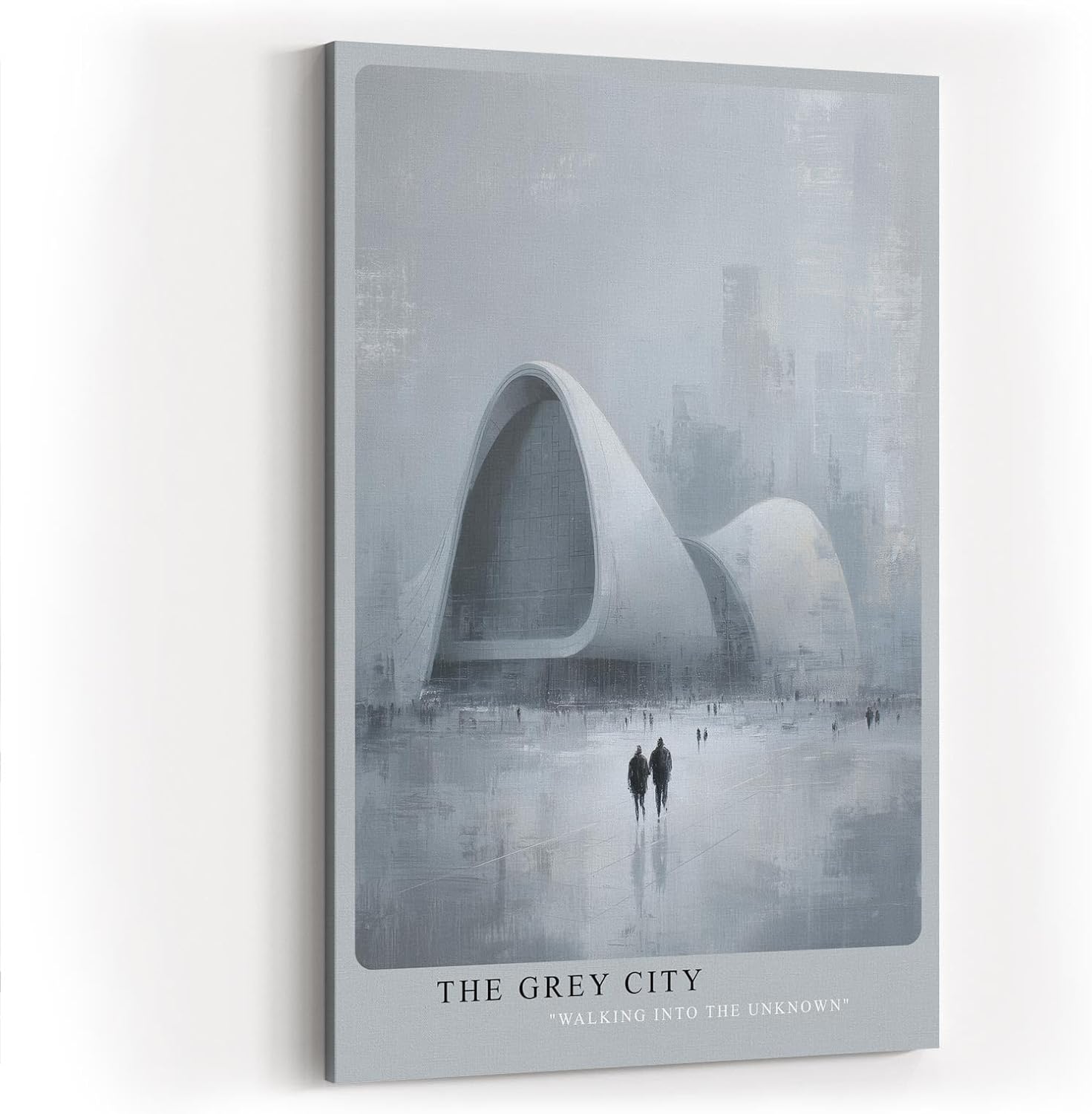 Paul Sinus Wandbild in 40x60cm The Grey City Futuristische Architektur in grauer, nebliger Stadtlandschaft mit zwei Figuren im Vordergrund