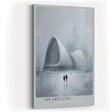 Paul Sinus Wandbild in 40x60cm The Grey City Futuristische Architektur in grauer, nebliger Stadtlandschaft mit zwei Figuren im Vordergrund