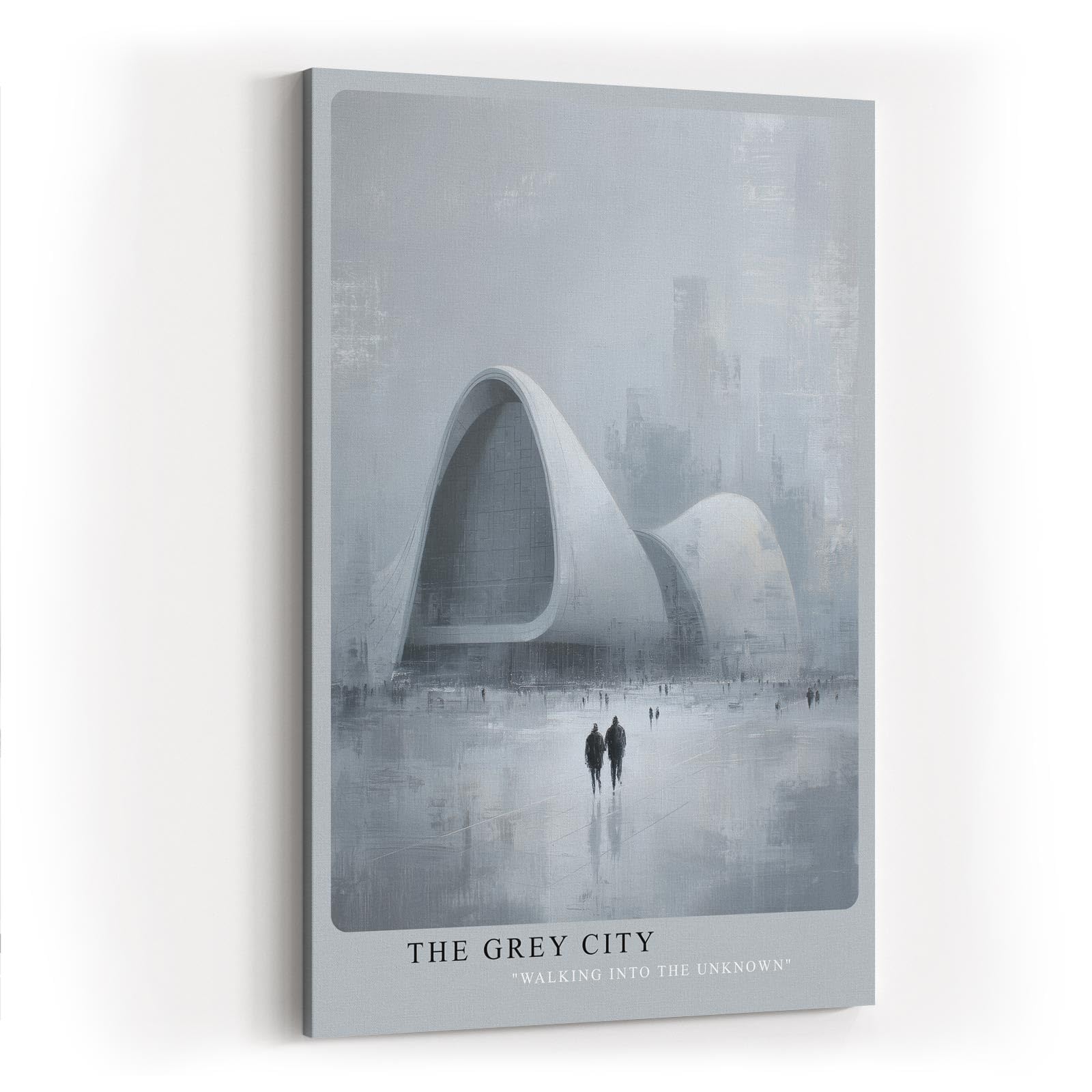 Paul Sinus Wandbild in 40x60cm The Grey City Futuristische Architektur in grauer, nebliger Stadtlandschaft mit zwei Figuren im Vordergrund