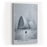 Paul Sinus Wandbild in 40x60cm The Grey City Futuristische Architektur in grauer, nebliger Stadtlandschaft mit zwei Figuren im Vordergrund