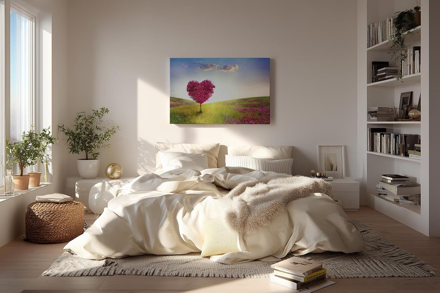 Sinus Art Wandbild 120x80cm Herzförmiger Baum in pinker Blüte in weiter Frühlingslandschaft mit Blumenwiese