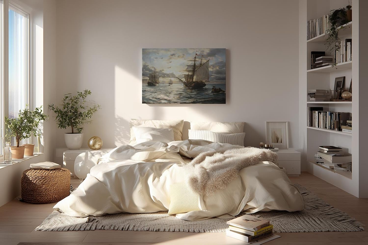 Sinus Art Wandbild 120x80cm Romantische Seeszene mit alten Segelschiffen, Möwen und Abendstimmung auf ruhiger Wasserfläche
