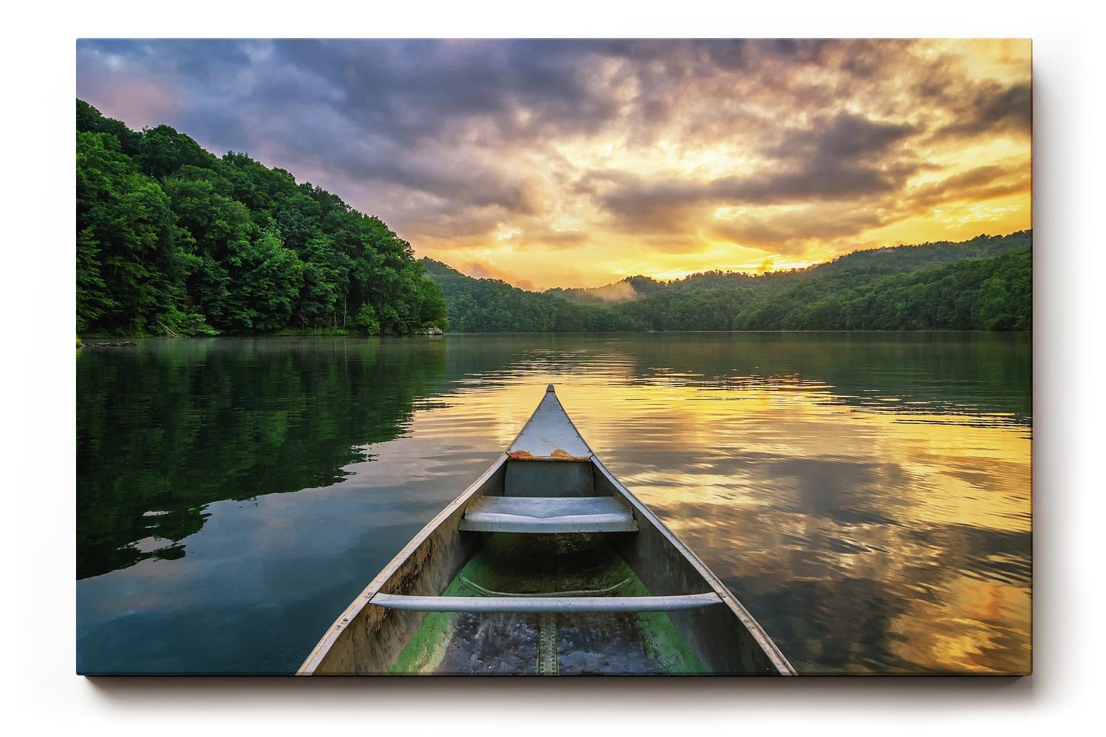 Sinus Art Wandbild 120x80cm Blick vom Boot auf stillen See im Abendlicht – meditativ, klar und inspirierend