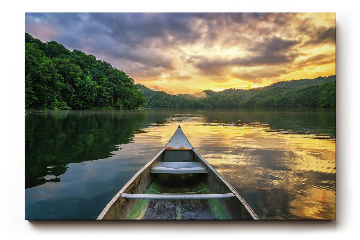 Sinus Art Wandbild 120x80cm Blick vom Boot auf stillen See im Abendlicht – meditativ, klar und inspirierend