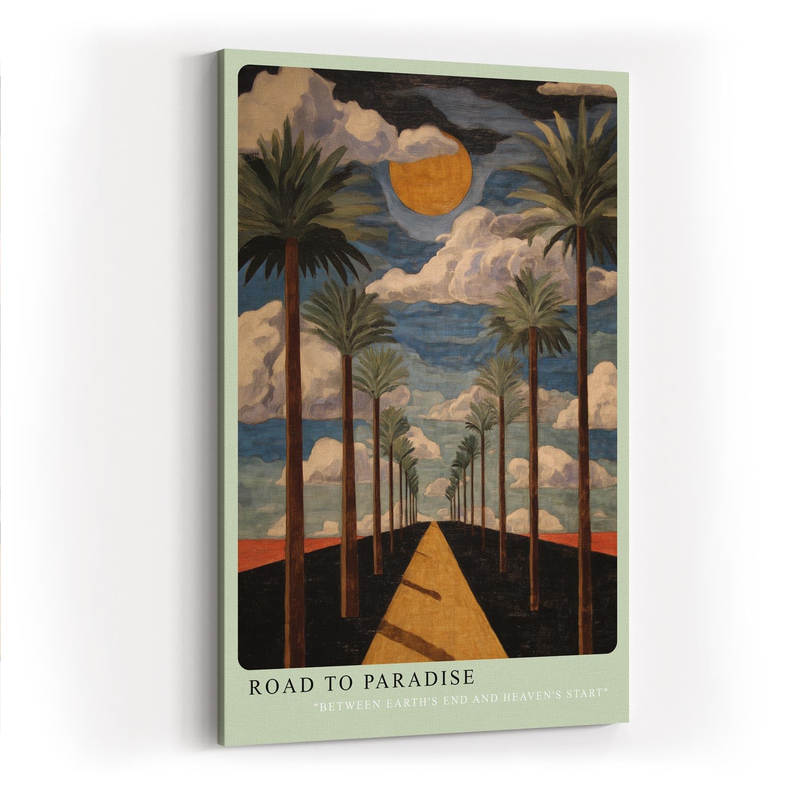 Paul Sinus Wandbild in 40x60cm Road to Paradise mit goldener Straße, Palmenallee und dramatischem Himmel für eindrucksvolle Raumgestaltung