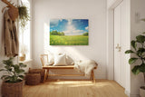Sinus Art Wandbild 120x80cm Weite Frühlingswiese mit gelben Blüten und strahlendem Himmel für fröhliche Atmosphäre